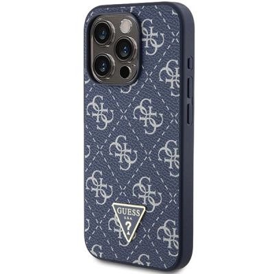 Guaskë telefoni Guess 4G Triangle Metal Logo për iPhone 15 Pro 6.1", lëkurë eko, blu
