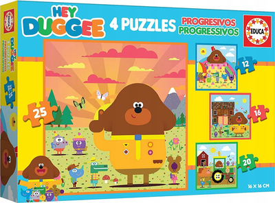 Puzzle për kalamaj Educa Hey Duggee, 4 puzzle, 12–25 copa, shumëngjyrëshe