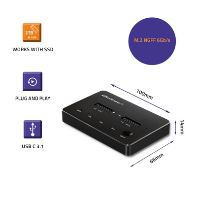 Doking stacion Qoltec 50310, për 2 SSD M.2 SATA, USB Type C, i zi