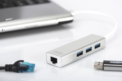 USB хаб Дигитус ДА-70250-1, УСБ 3.0 3 порти, Фаст Етернет, сребрен