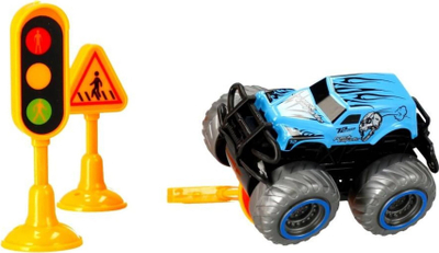 Set lodër makinë off-road Mega Creative Launcher, me lëshues si pistoletë, aksesorë rruge, blu