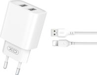 Karikues rrjeti XO CE02C, 2xUSB 2.1A, 10.5W, me kabllo Lightning, i bardhë