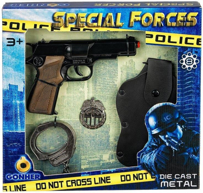 Set lodër Gonher Police Special Forces, pistoletë metal, pranga edhe distinktiv, shumëngjyrësh