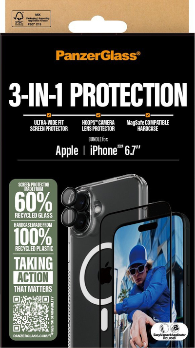Set mbrojtës PanzerGlass 3 në 1, për iPhone 16 Plus, xham mbrojtës dhe mbrojtje kamere, transparent
