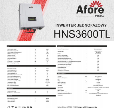 Inverter fotovoltaik Afore HNS3600TL, 3.6kW, 1 fazë 2 MPPT, ngjyrë argjendtë