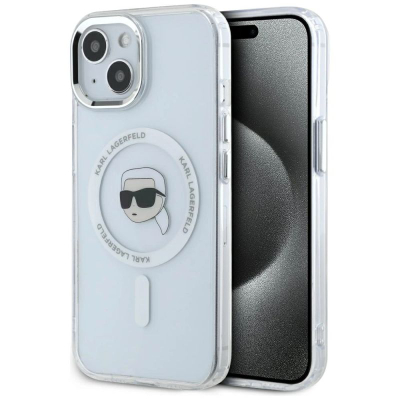 Заштитен капак Karl Lagerfeld IML Head Metal Frame MagSafe за iPhone 15, проѕирен