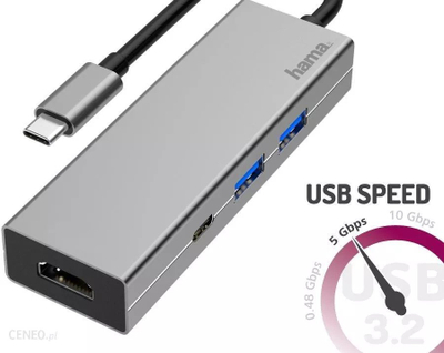 Konvertues Hama Multiport 4në1, 2x USB 3.2, HDMI & USB-C, i hirtë