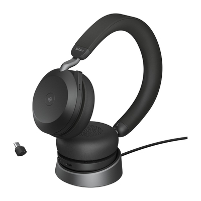 Слушалки Jabra Evolve2 75, супра-аурални, USB-C, со станица за полнење, црни