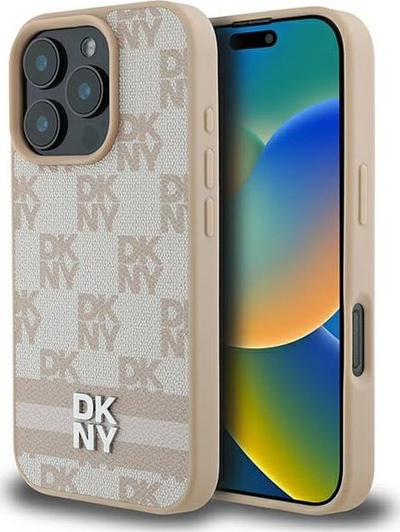 Mbulesë telefoni DKNY prej lëkure PU, për iPhone 16 Pro Max, me kuadrate, rozë