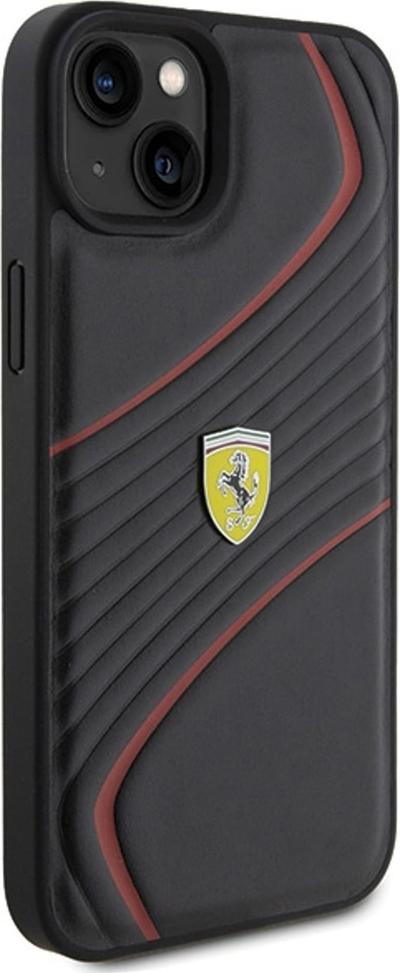 Mbulesë telefoni Ferrari Twist Metal Logo për iPhone 15 Plus, lëkurë ekologjike, skaje të ngritura, e zezë