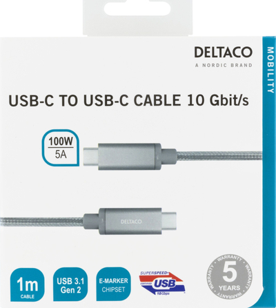 Kabllo USB C Deltaco USBC-1417M, 1m, USB 3.1 Gen 2 10 Gbit/s, 100W, argjendtë