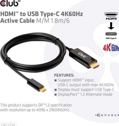 Kabllo USB Club 3D USB C në HDMI, 1.8m, e zezë