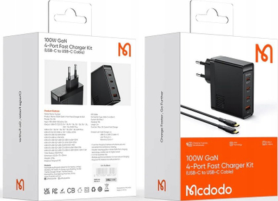 Karikues muri Mcdodo GaN 100W, 3x USB C 1x USB A, me kabllo 2m, i zi