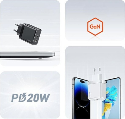 Karikues muri USAMS T54, 2x USB-C, 40W PD, i bardhë