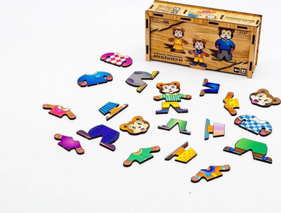 Puzzle druri edukativ Wooden Puzzle Bears Puz-12141, me arusha, në kuti druri, shumëngjyrësh
