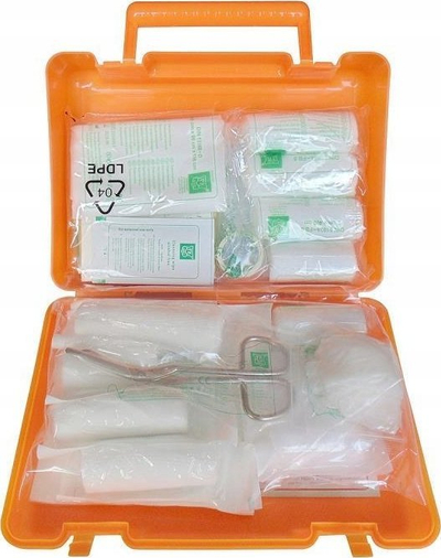 Komplet ndihme e parë për makinë DONAU SAFETY, standard DIN 13164, kuti plastike portokalli