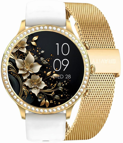 Orë inteligjente GRAVITY GT5-2 për goca, ekran IPS, Bluetooth, ngjyrë ari me rrip të bardhë