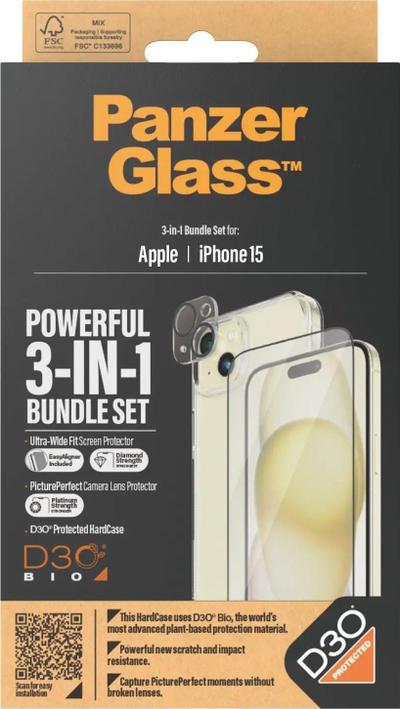 Set mbrojtës PanzerGlass 3 in 1 për iPhone 15, xham ekrani, mbrojtës kamere, HardCase transparent