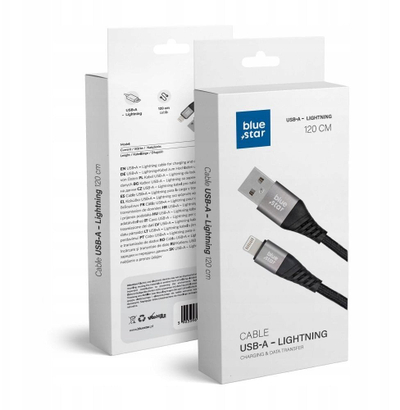 Kabllo USB Lightning Blue Star Premier, 1.2m, 2.4A, USB 2.0, e zezë