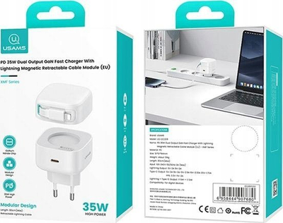Adapter karikimi Usams, 35W, 1xUSB, me kabllo Lightning, i bardhë