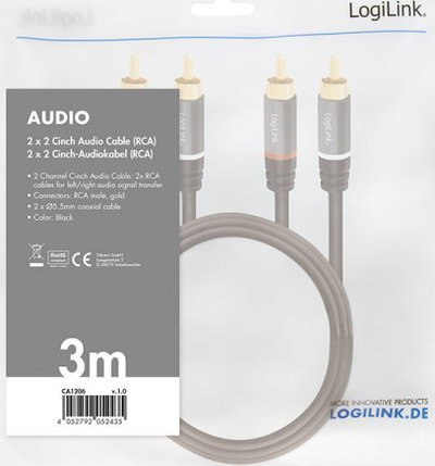 Kabllo audio LogiLink CA1206, 2 x RCA mashkull, 3 m, e zezë