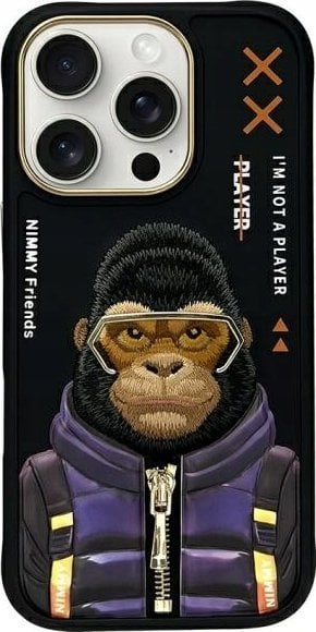 Mbështjellës telefoni Nimmy Cool&amp;Cute 2.0 Monkey, për iPhone 16 Pro 6.3", TPU, i zi