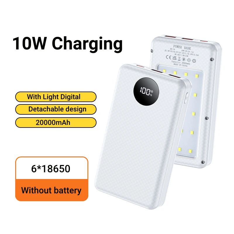 Power Bank UniTrade 10W 6*18650 Dual USB Type C Charge + LED dritë iPhone & Android, i bardhë