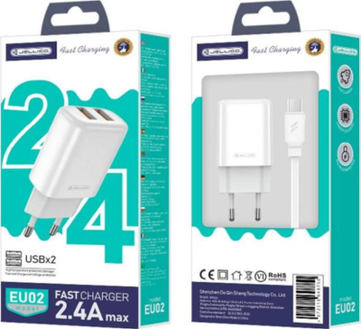 Мрежен полнач Jellico EU02, 2.4A, 2x USB со кабел Micro USB, бел