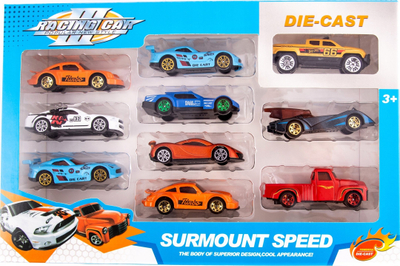 Set lodrash makina garuese die-cast Racing Car, 10 copë, metal plastik, shumëngjyrëshe