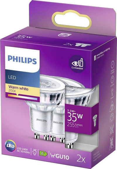Llambë LED Philips 77429500 GU10, 3.5W 35W ekuivalente, dritë e ngrohtë, paketë 2 copë