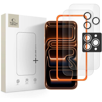 Xham mbrojtës Tech‑Protect Easy Set+, iPhone 16 Pro Max 17 Pro Max, xham i fortë 0.3mm, set me 3 copë, transparent