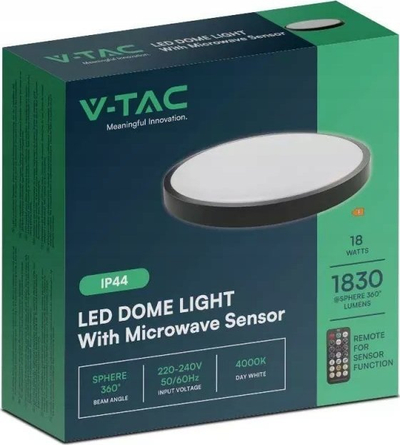Plafon LED V-TAC Round, 18W, 4000K, me sensor lëvizje, i zi