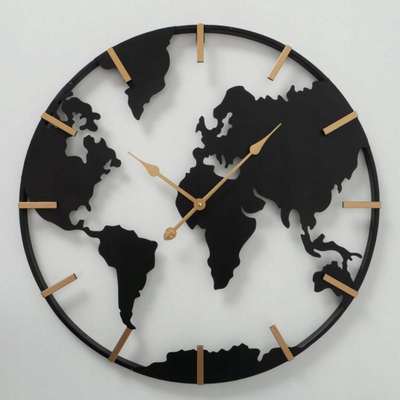 Ѕиден саат Metal World Map, 74 cm, метал, црн