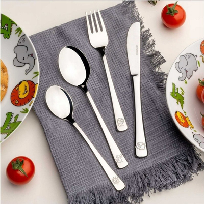 Set takëmesh për fëmijë Leonardo Bambini, 4 pjesë, çelik inox, ngjyrë argjendi
