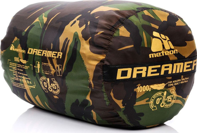 Qese fjetje Meteor Dreamer, Hollow Fibre, kamuflazh, me zinxhir nga e djathta