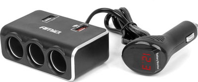 Karikues me zgjatues për makinë AMIO 04364, 3 dalje, 2x USB A QC 3.0, ekran digjital