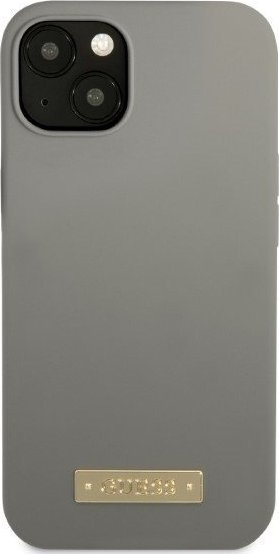 Mbështjellës telefoni Guess Silicone Logo Plate MagSafe për iPhone 13 mini, gri