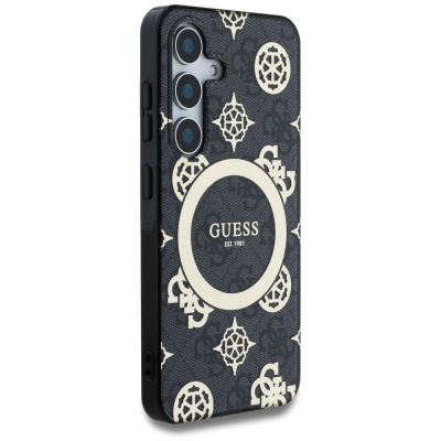 Kapak telefoni Guess 4G Background Peony MagSafe për Samsung Galaxy S25, TPU PC, i zi me ari