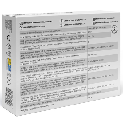 Fshesë me ajër Savio MD-01, 60W, 7.4V, 140 km/h, bateri Li-Ion
