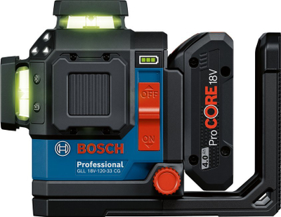 Lazer kryq Bosch GLL 18V-120-33 CG, rreze jeshile 360°, bateri 4Ah, jeshil