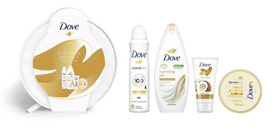 Set për trup Dove Silky Care, Xhel dushi 250 ml + krem trupi 300 ml + krem për duar 75 ml + antiperspirant 150 ml + çantë kozmetike