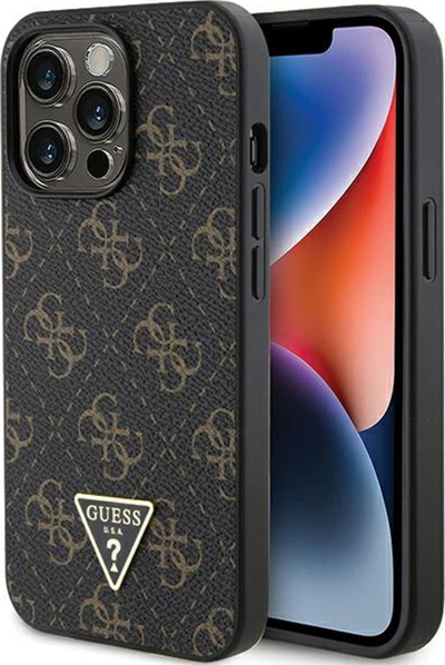 Husë telefoni Guess 4G Triangle Metal Logo për iPhone 13 Pro iPhone 13, lëkurë ekologjike, e zezë