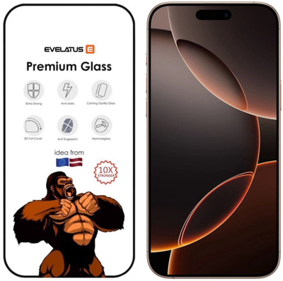 Mbrojtës ekrani Evelatus iPhone 16 Pro Max, Corning Gorilla Glass, 3D Full Cover, kornizë e zezë