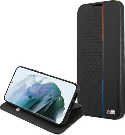 Këllëf libri BMW Triangles Tricolor për Samsung Galaxy S22 Plus, mbrojtje 360°, me vend për karta, i zi