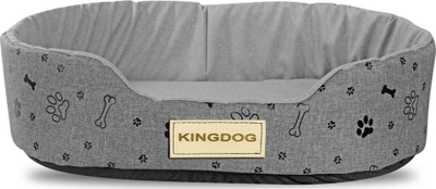 Shtrat për qen Kingdog oval, nga codura, 70x60 cm, gri me motive të zeza