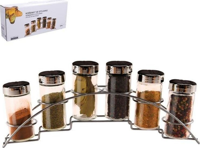 Set kavanozësh për erëza Orion, 6 copë, me qëndrues kromi, qelq transparent
