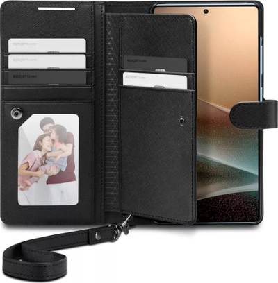 Kапак-паричник Spigen Wallet S за Samsung Galaxy S25 Ultra, кожа, со функција постолје, црн