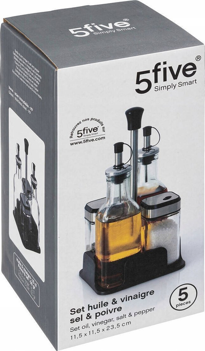 Set kuzhine 5Five, shishe vaji e uthulle, 4 kavanoza qelqi për erëza, i zi