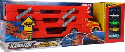 Kamion lodër Teamsterz Metro City Launcher Transporter, me lëshues veturash, përfshin 5 vetura die-cast, i kuq