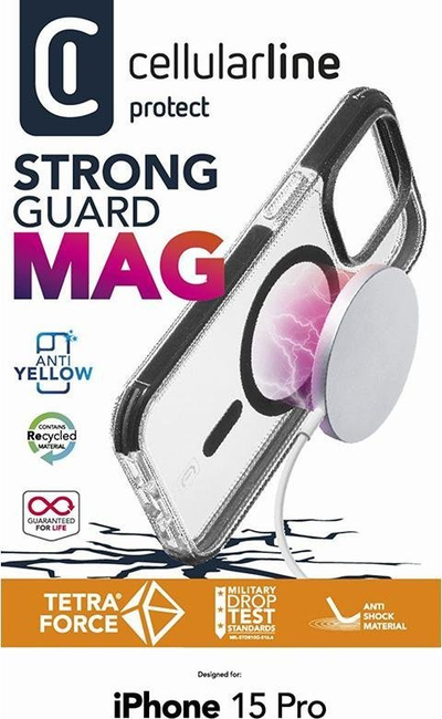 Kllëf telefoni Cellularline Strong Guard Mag, për iPhone 15 Pro, magnetik MagSafe, transparent